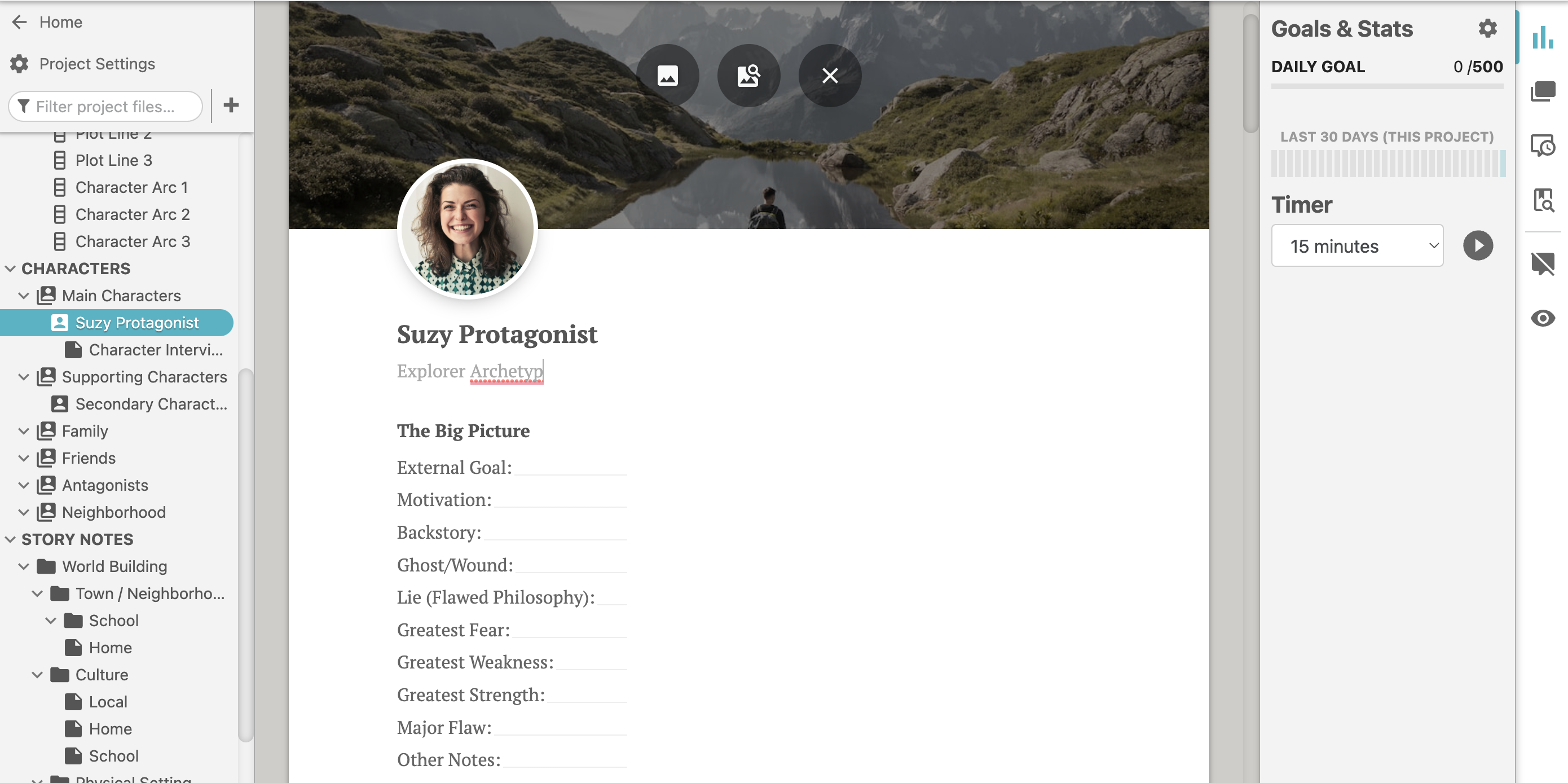 Screenshot of a Dabble Character Profile for a character named Suzy Protagonist.