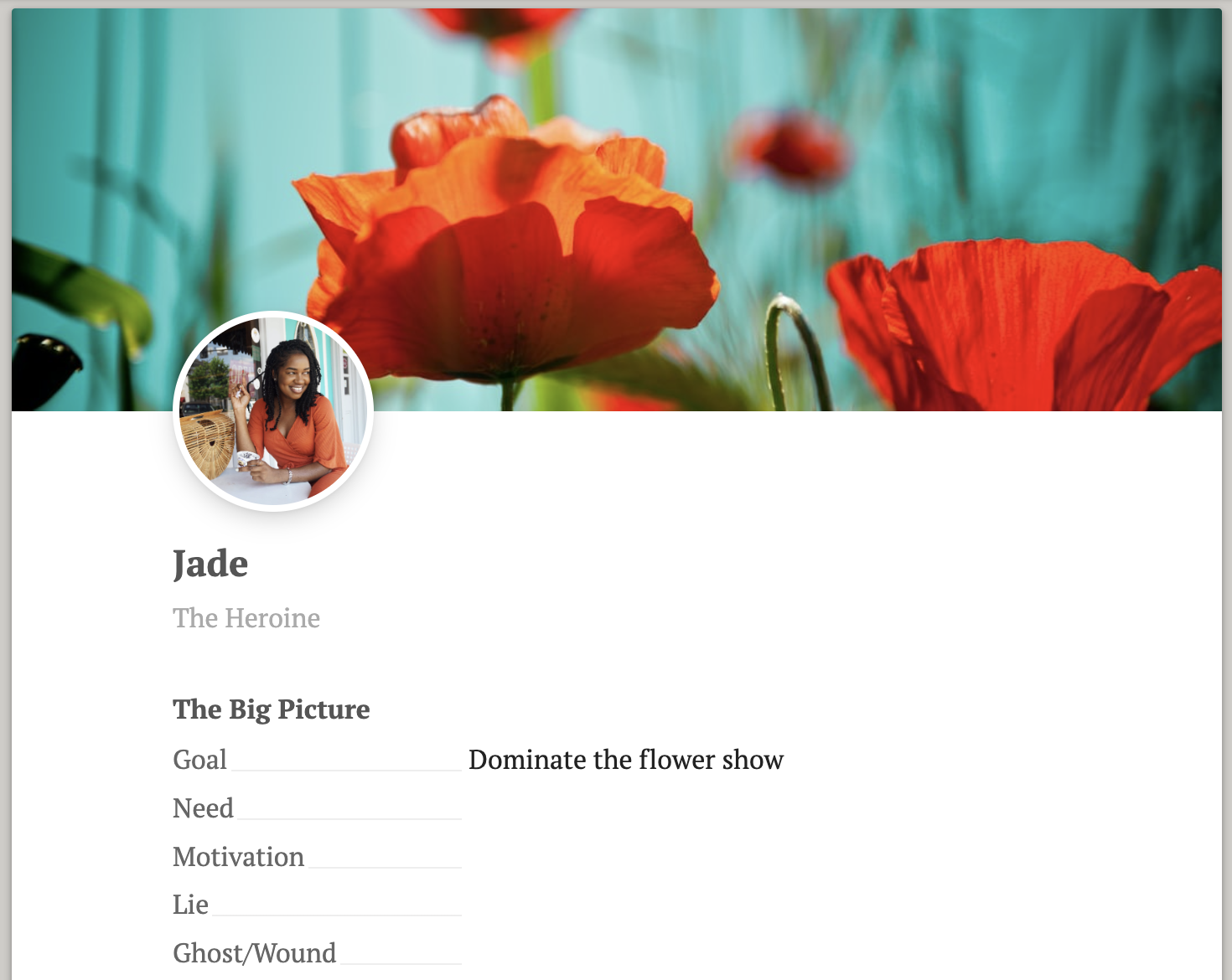 Screenshot of a Dabble Character Profile for a romance protagonist named Jade.