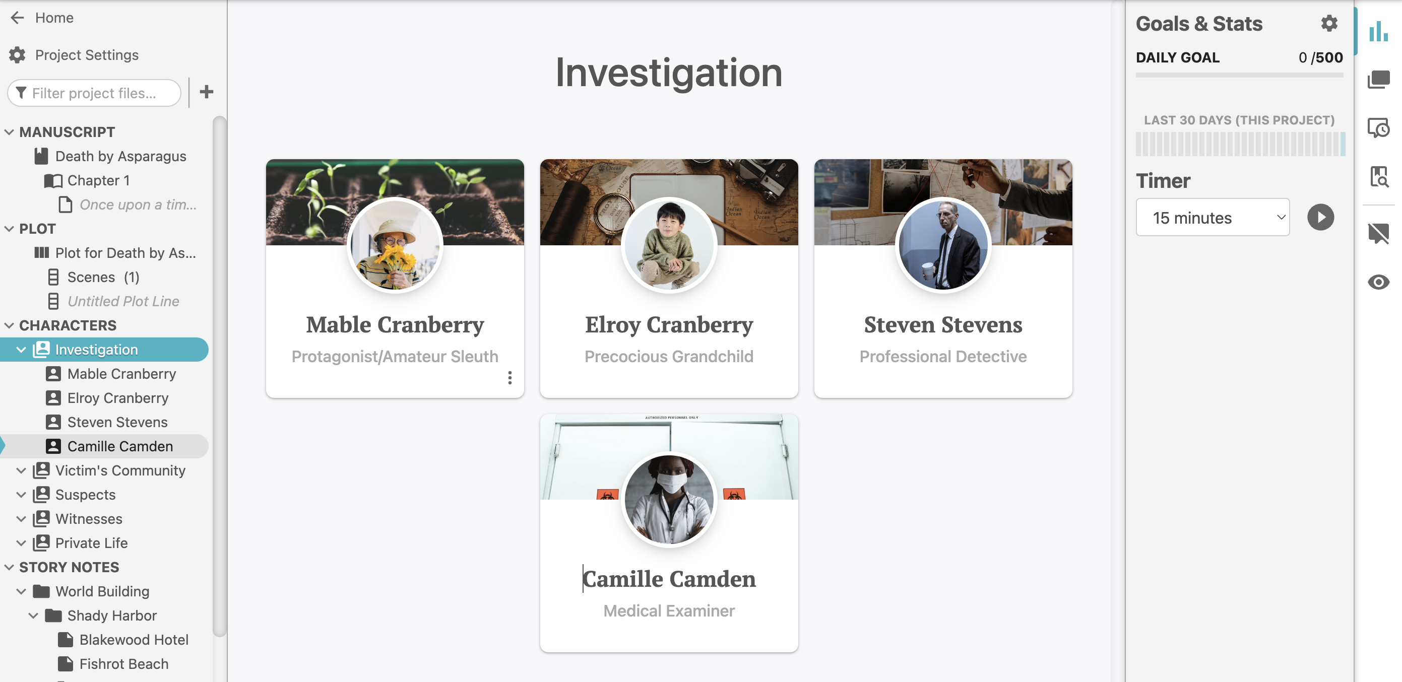 A screenshot of a Dabble Cast for the characters on the investigation team in a mystery.
