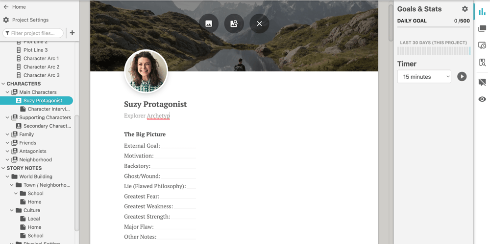 Screenshot of a Dabble character profile for a character named "Suzy Protagonist."