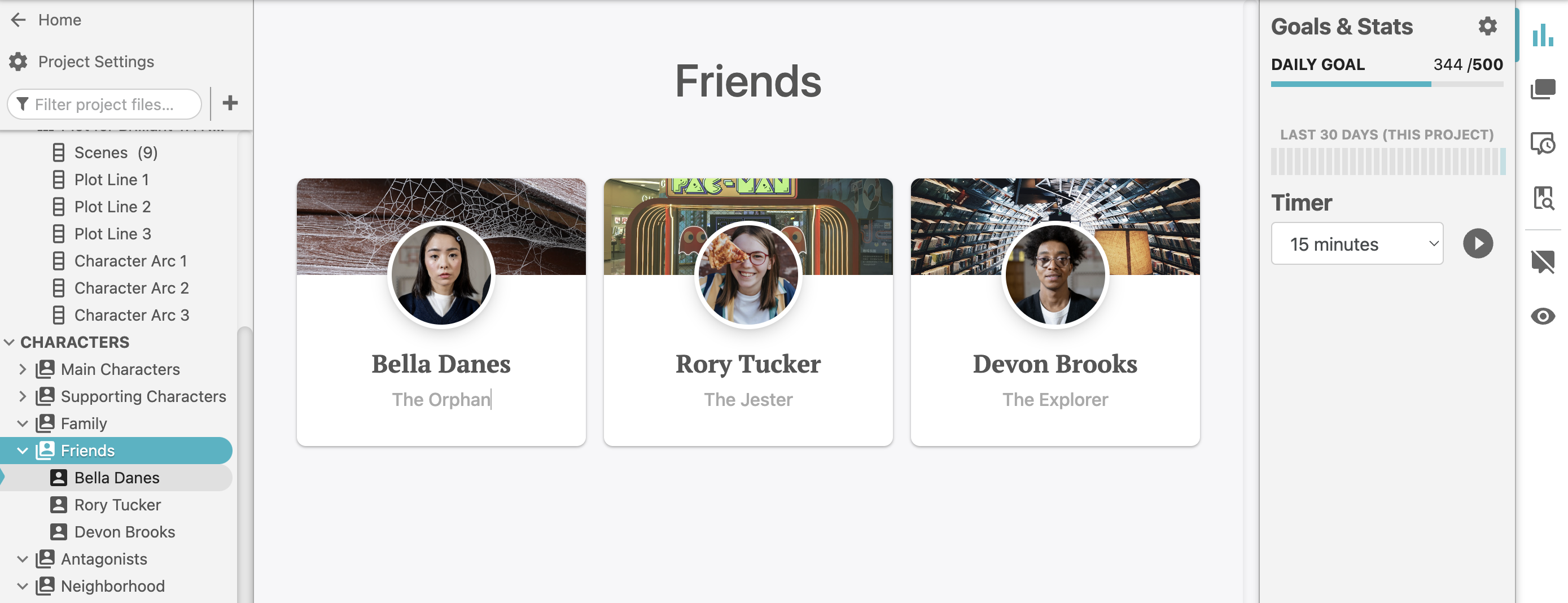 Screenshot of a Cast of YA characters in a Dabble project, including profile and banner images, names, and character archetypes.