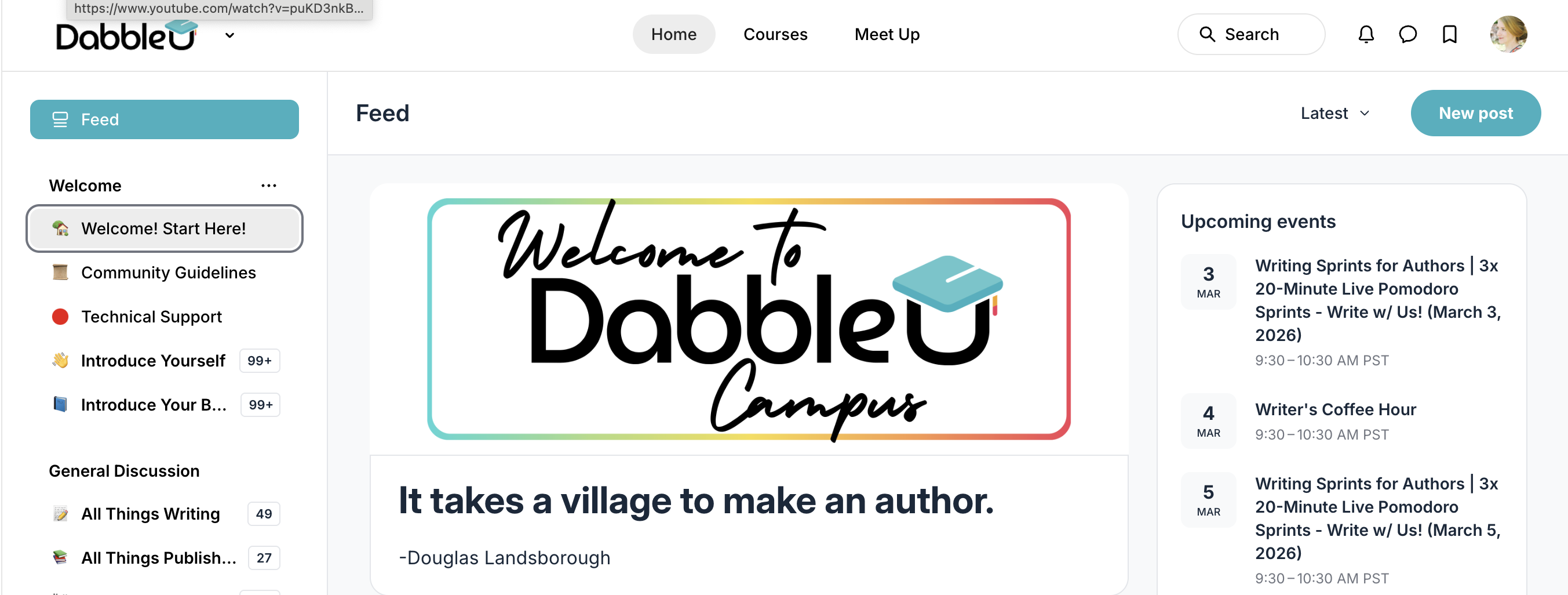 Screenshot of the DabbleU Campus home page, with the quote "It takes a village to make an author."