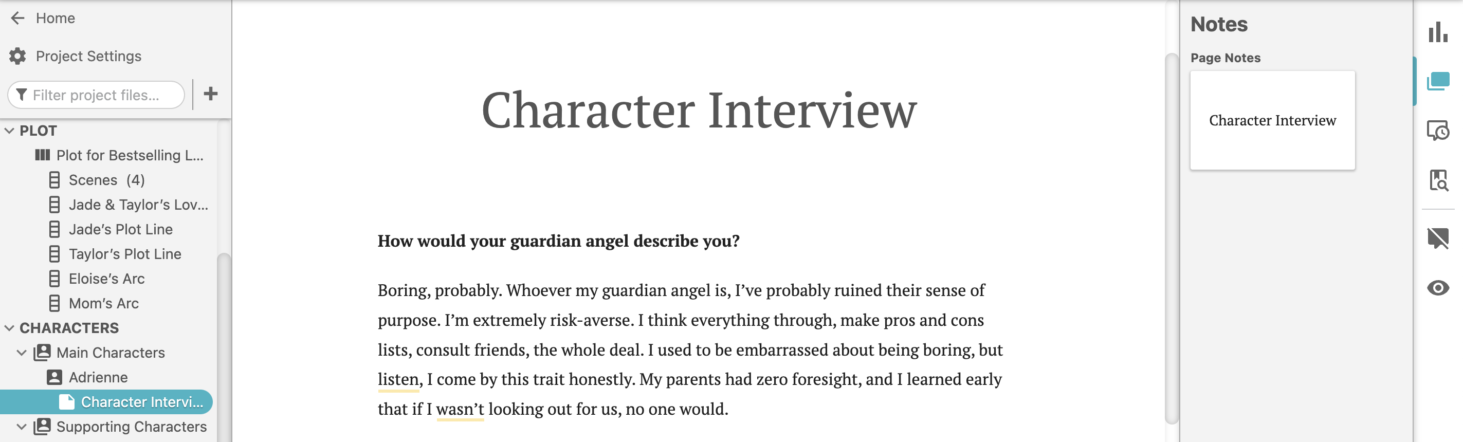 Screenshot of a character interview question answered in Dabble Writer. The question asks how the character's guardian angel would describe them, and the character responds that the angel would find them boring as they're excessively cautious.