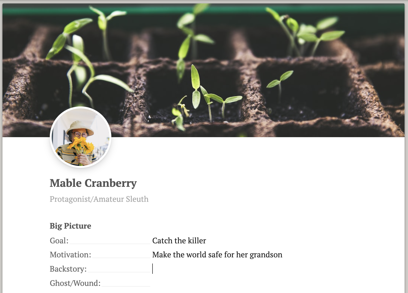 A screenshot of a Dabble Character Profile for a cozy mystery character named Mable Cranberry.