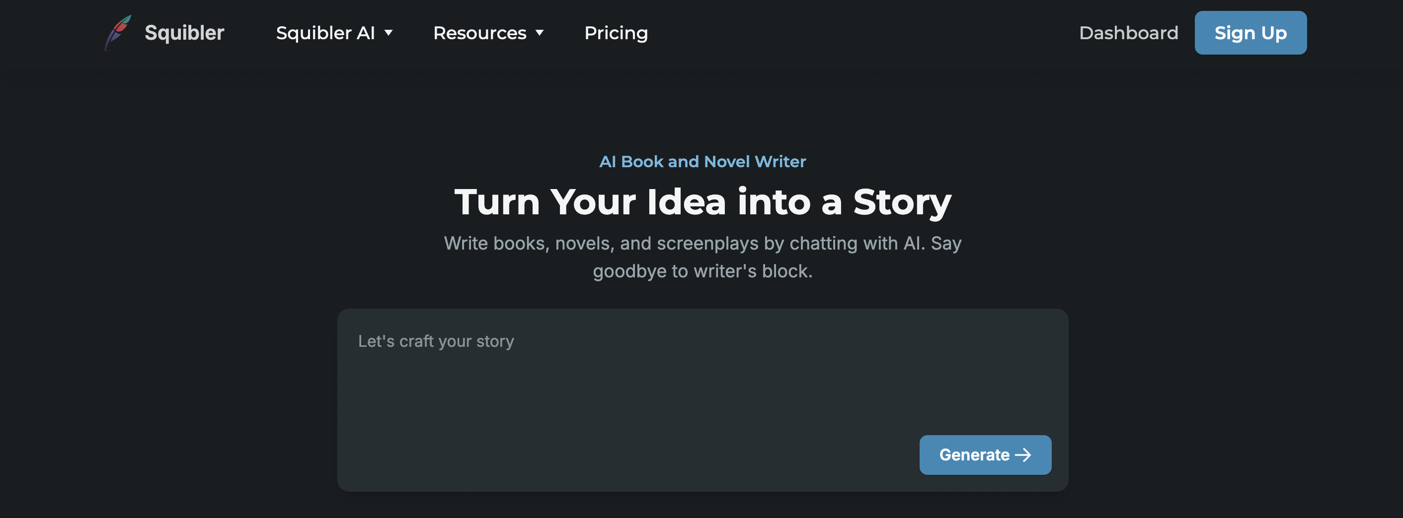 Screenshot of the Squibler homepage with a chat box for starting a story with AI.