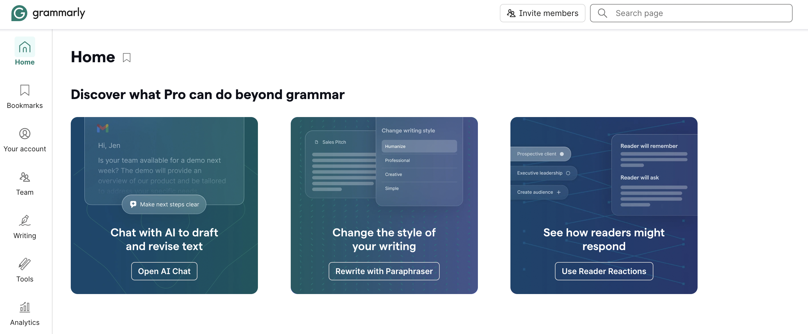 A screenshot of a grammarly dashboard showing pro features like AI revisions.