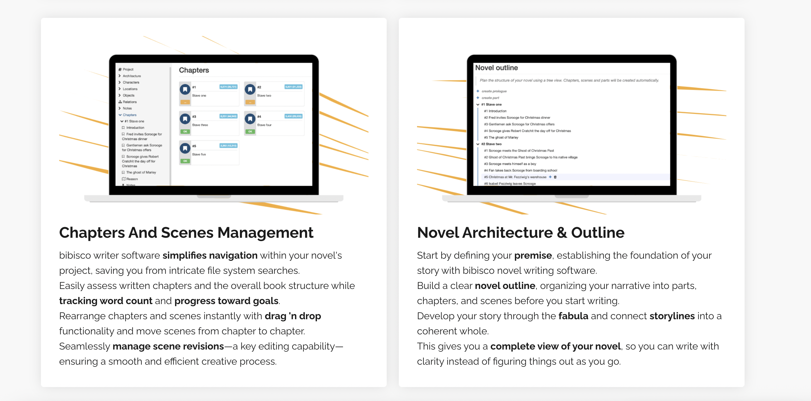 A screenshot of the Bibisco website showing features like scene management and novel outlining.