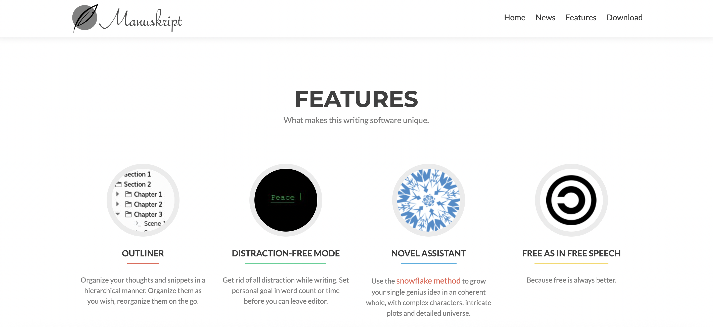 A screenshot of the Manuskript homepage showing features like the outliner, distraction-free mode, and novel assistant.