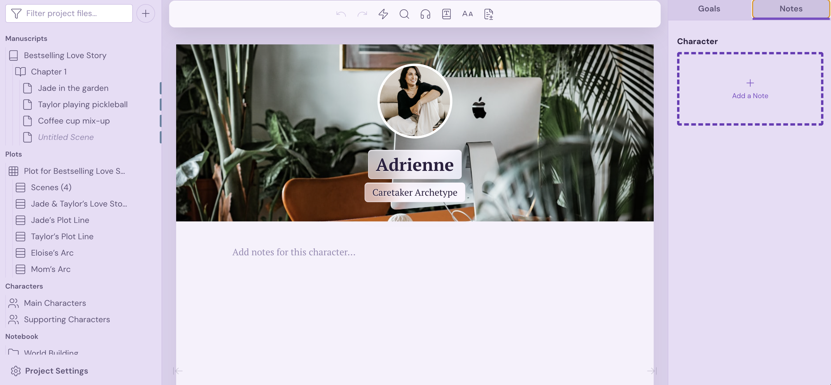 Screenshot of a Dabble Character Profile for a romance heroine named Adrienne.