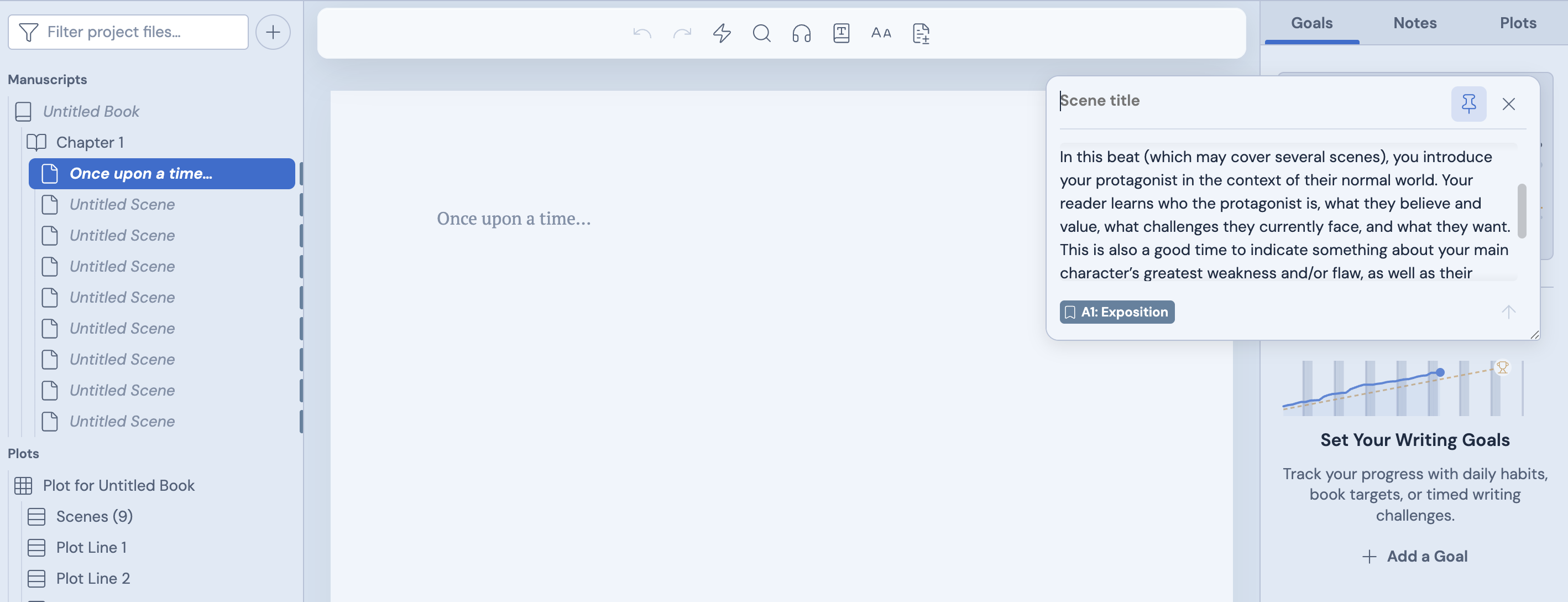 A screenshot of a Dabble project showing a pinned Scene Card.
