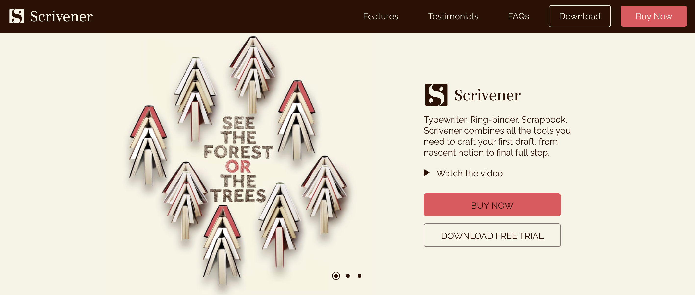 Screenshot of the Scrivener homepage with the slogan "See the forest or the trees."