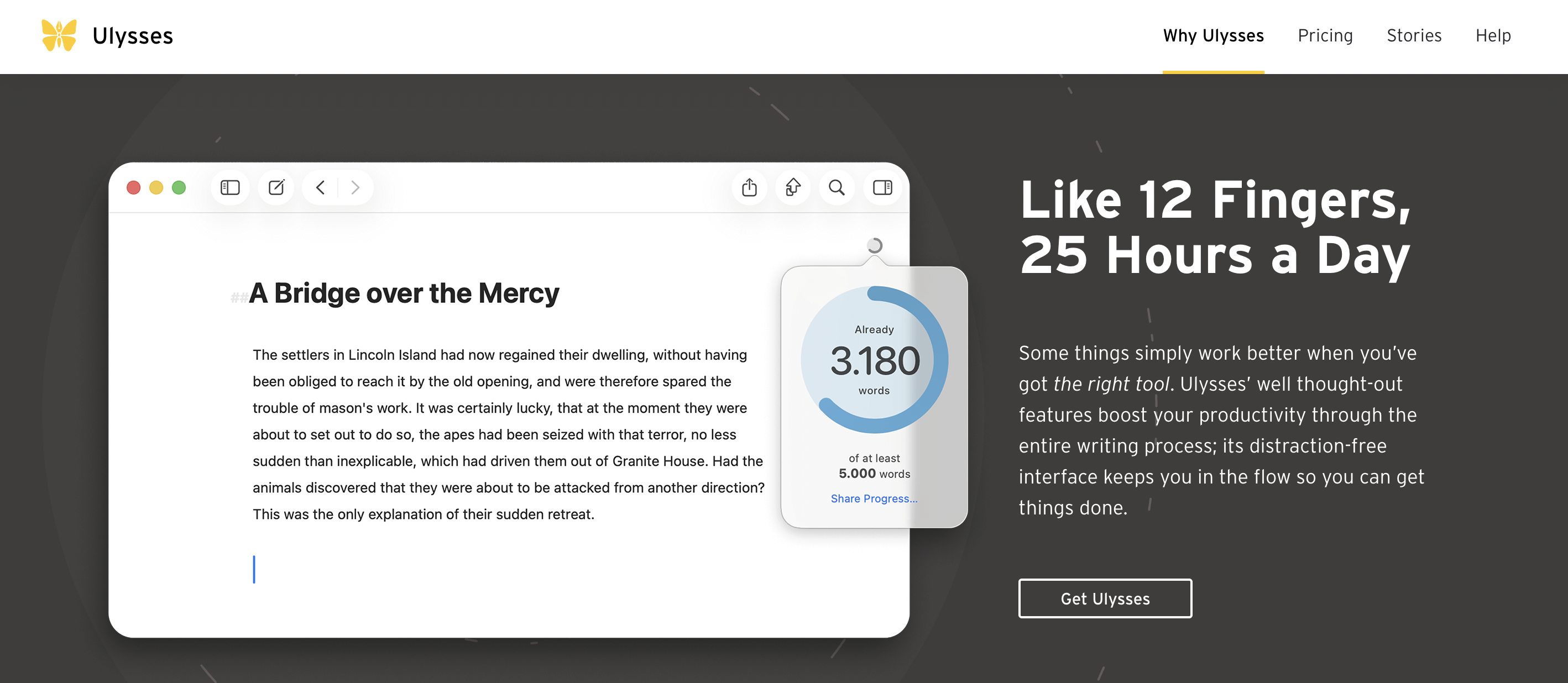 Screenshot of the Ulysses website showing a minimalist writing space.