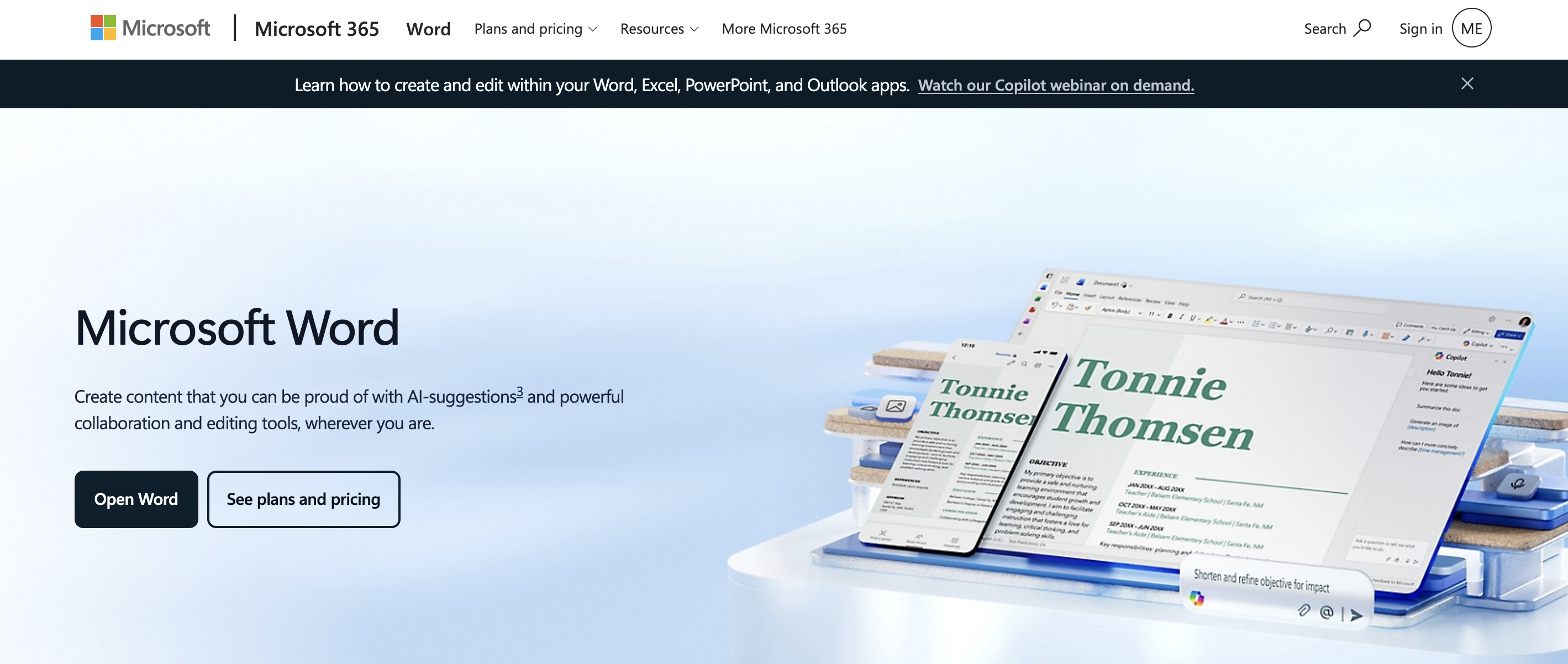 Screenshot of the Microsoft Word homepage.