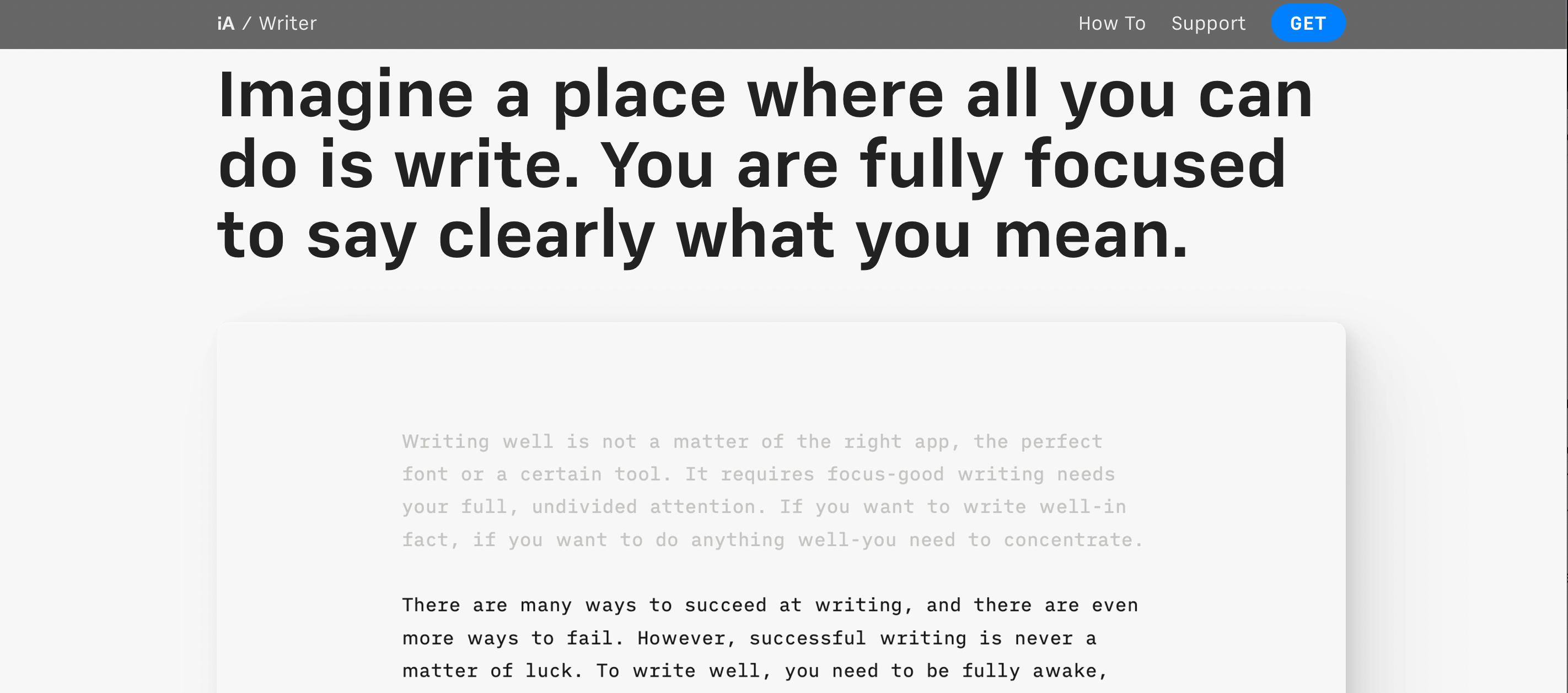 A screenshot of the iA Writer website showing the focus mode option.