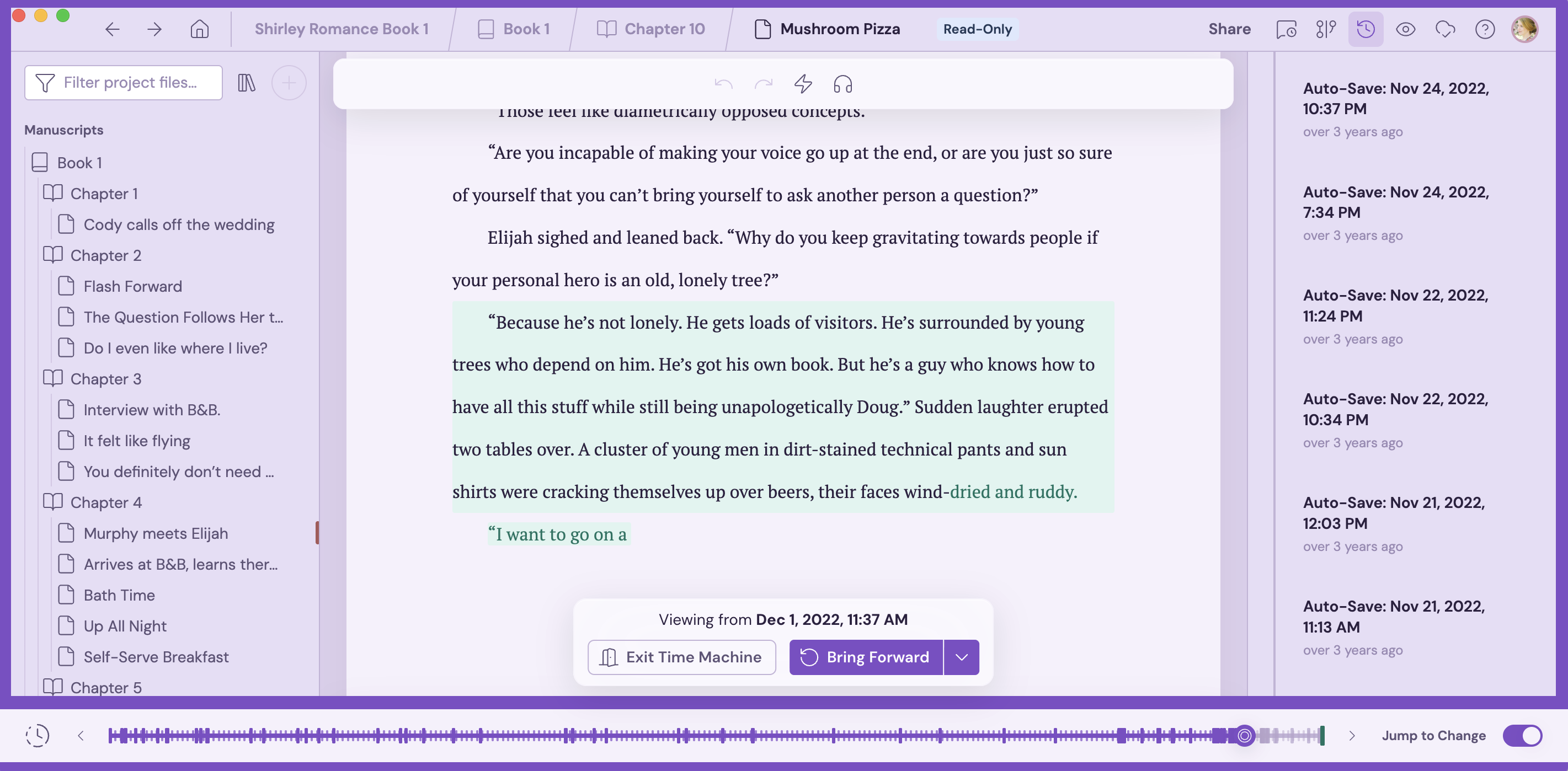 A screenshot of a Dabble Writer manuscript version history.