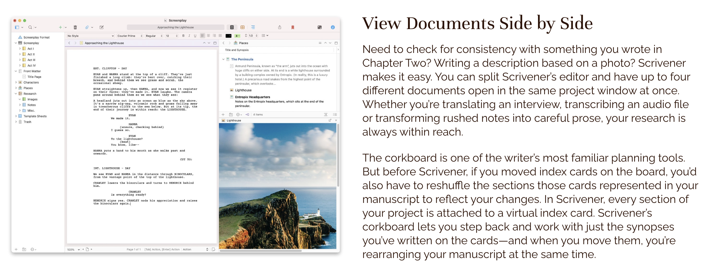 Screenshot of Scrivener's side by side view.