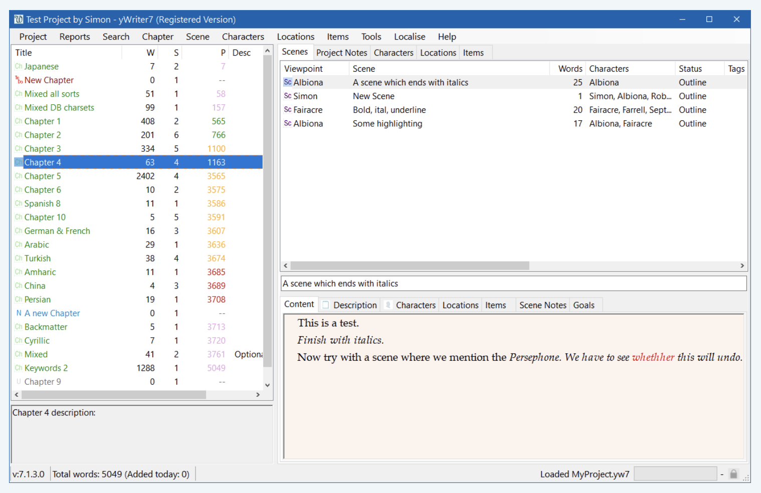 A screenshot of a novel project in yWriter.