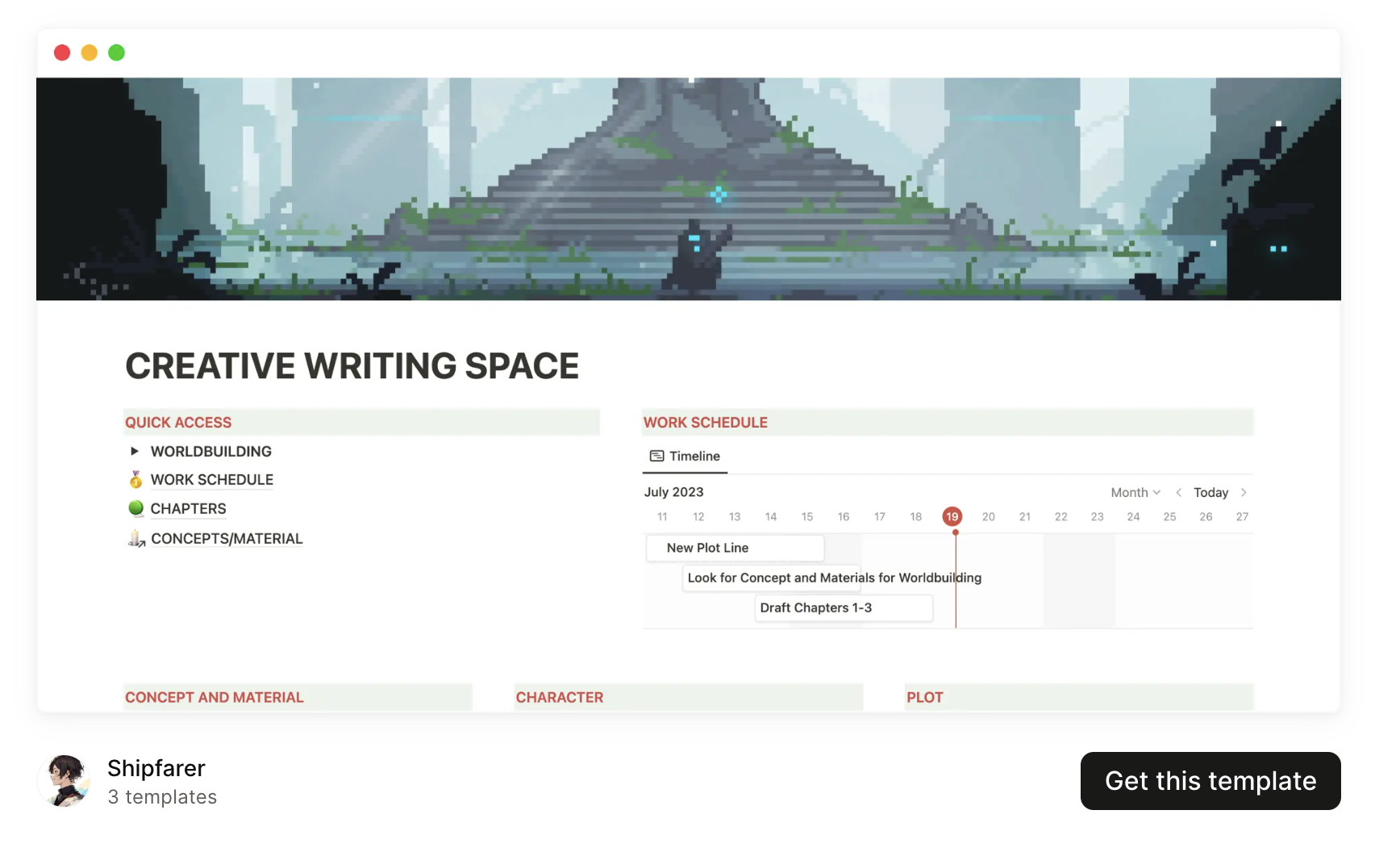 Screenshot of a creative writing space template on Notion.