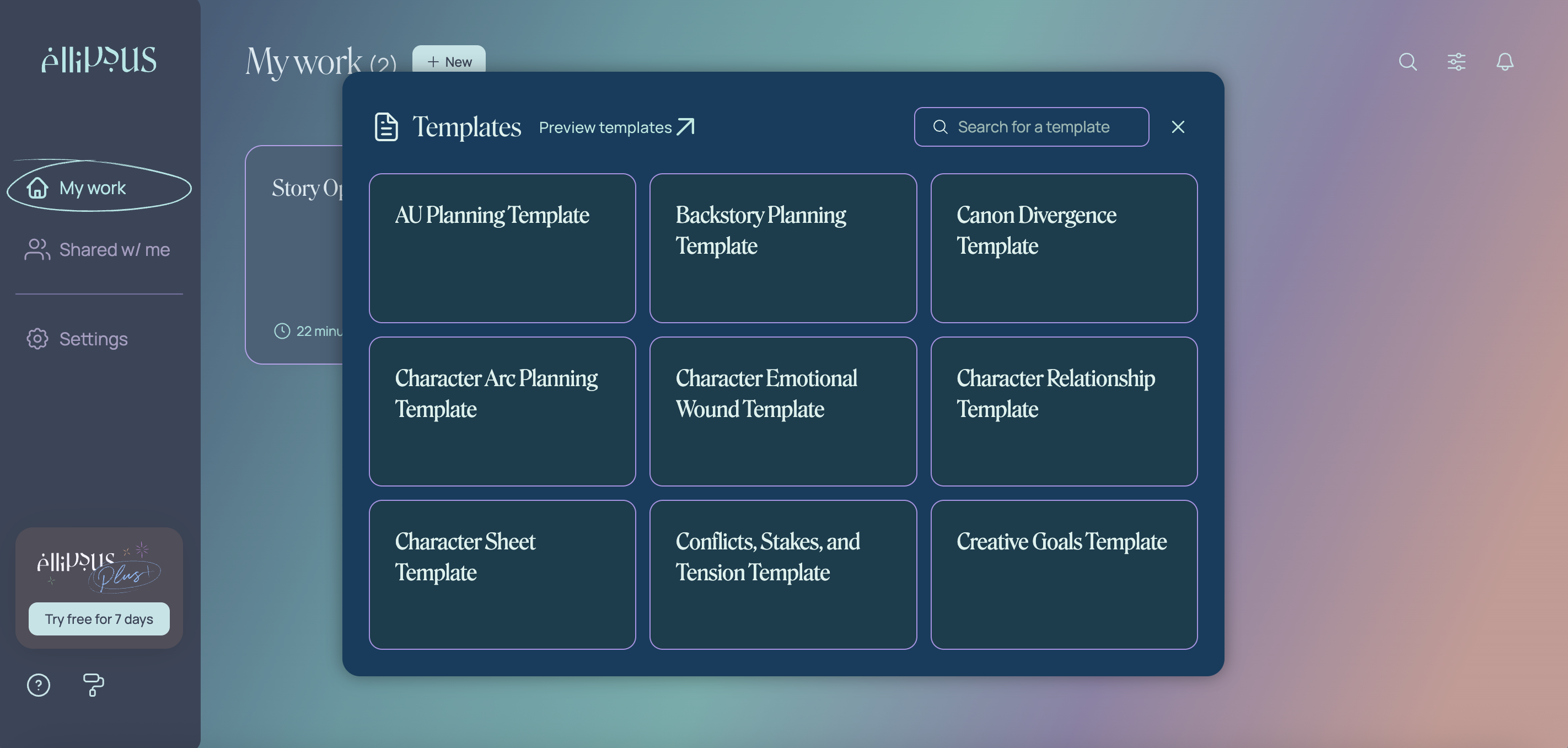 Screenshot of Ellipsus templates screen.