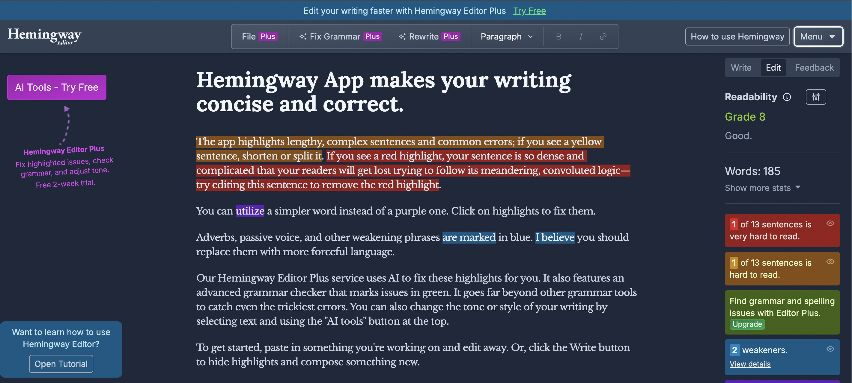 A screenshot of the Hemingway Editor homepage showing a passage with errors marked in color.