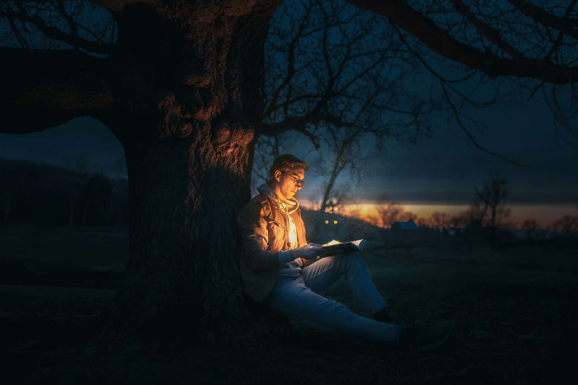 A person reads under a tree at night. The pages of the book glow, casting a light onto the person's face.