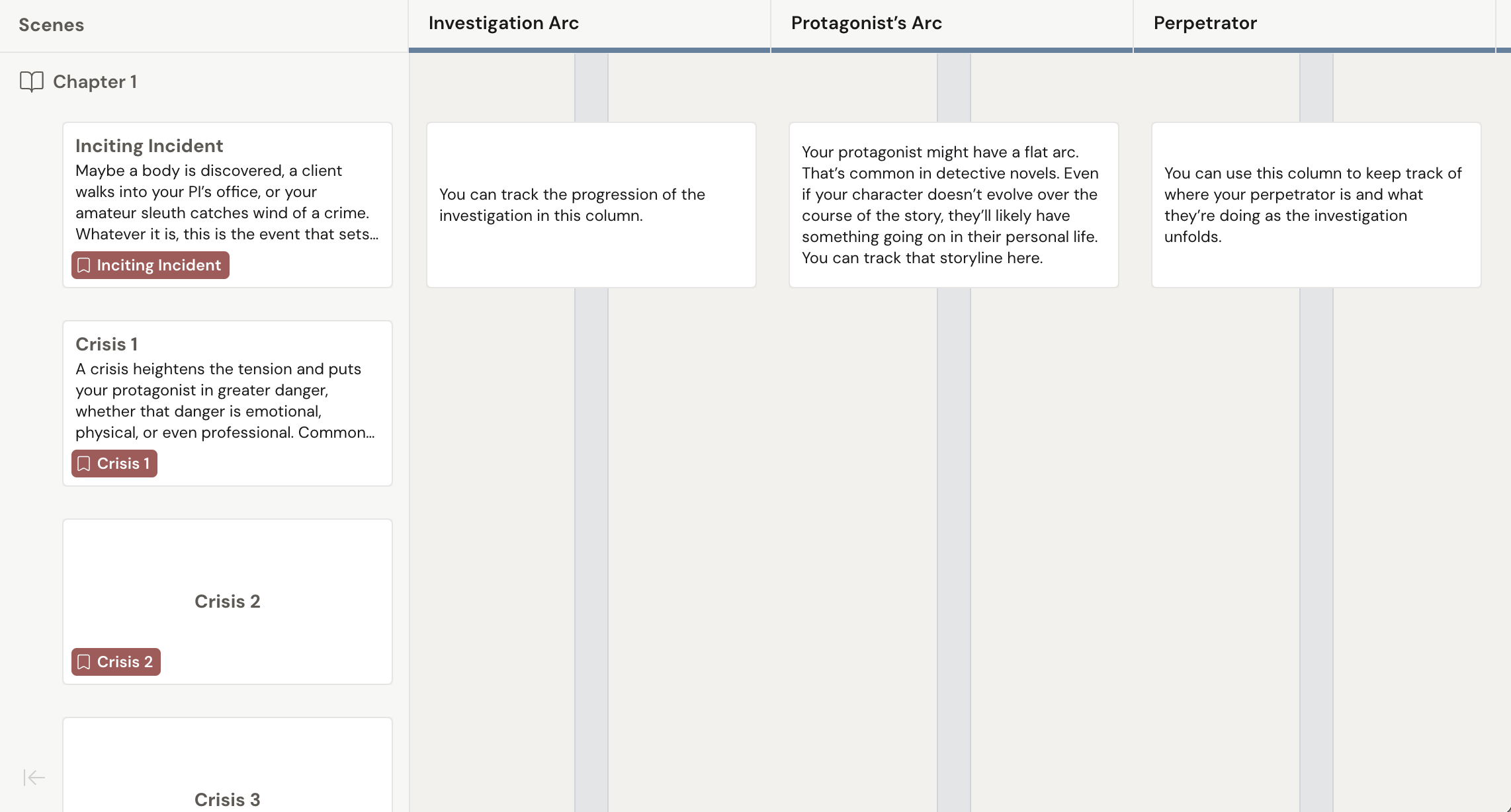 Screenshot of the Dabble Plot Grid for a mystery novel.