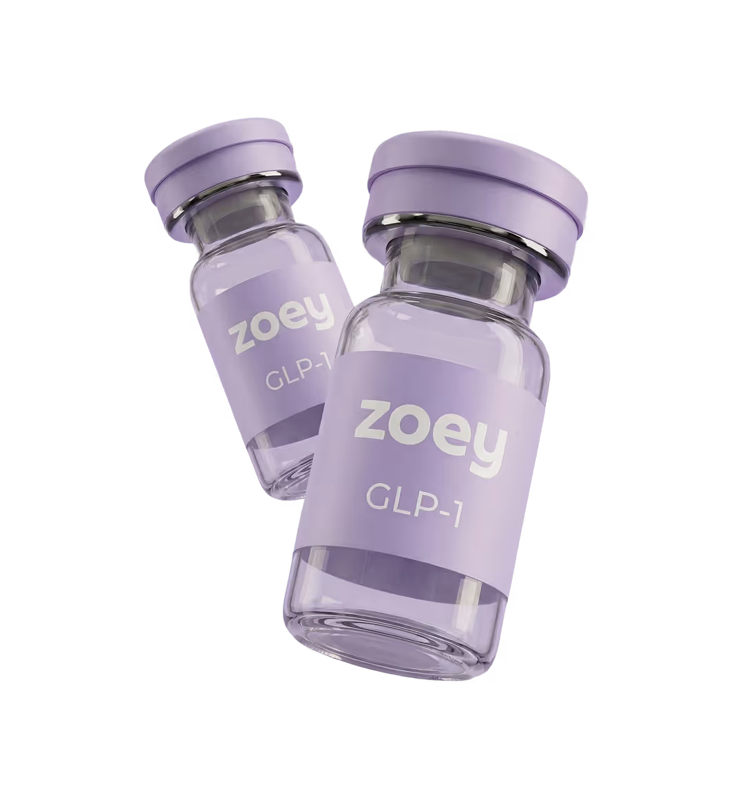 Two clear glass vials with purple caps and labels reading 'zoey GLP-1'.