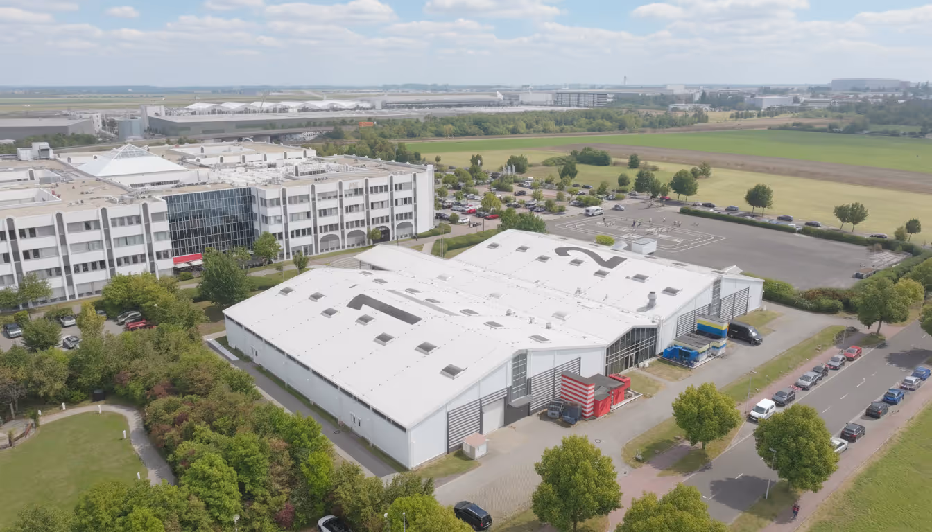 Innenausstellungsraum mit mehreren ausgestellten Luxusautos und Reihen von Stühlen, die für eine Veranstaltung unter industriellen Deckenleuchten angeordnet sind.