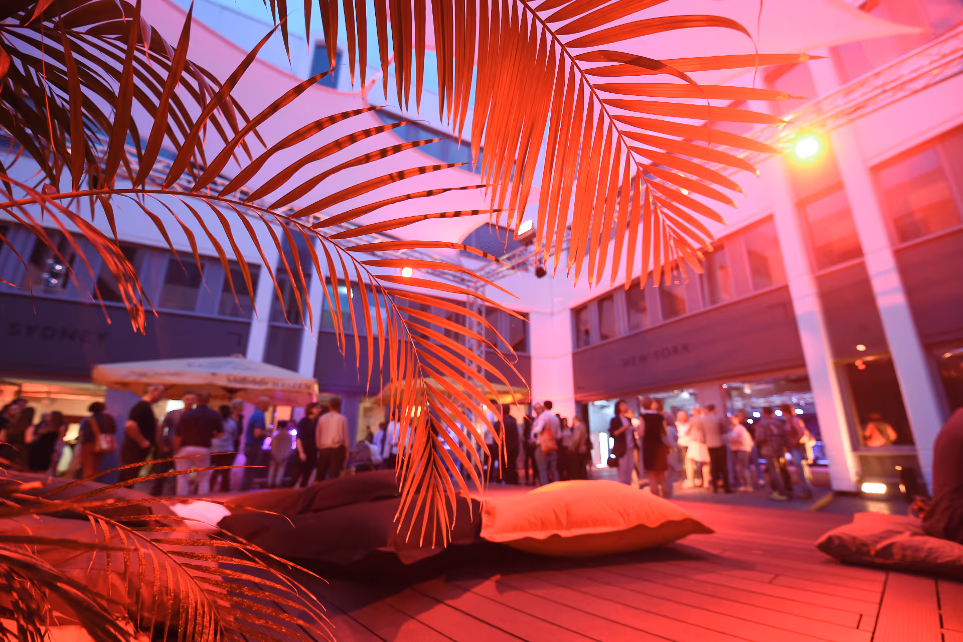 Outdoot-Veranstaltung mit Gruppen von Menschen, die sich unter rosa und orangefarbenem Licht unterhalten, mit Palmblättern und Kissen im Vordergrund.