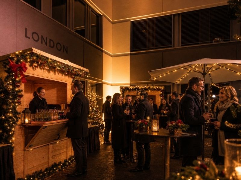 Menschen auf weihnachtlich dekoriertem Außenmarkt mit festlichen Lichtern und Getränkestand.