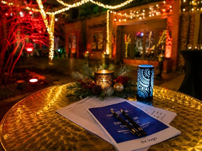 Weihnachtliche Dekoration und Broschüre auf goldfarbenem Tisch mit Lichterketten im Hintergrund.