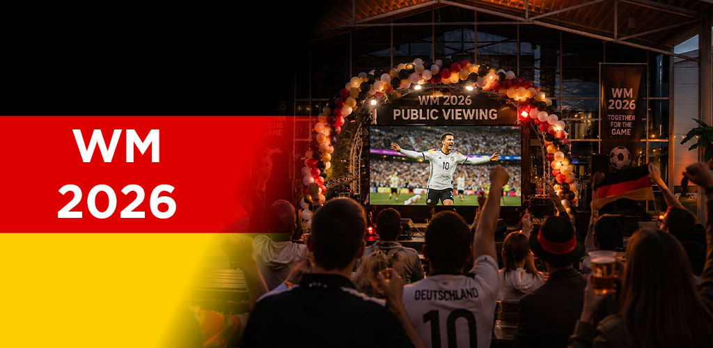 Menschen schauen WM 2026 Public Viewing mit Fußballspiel auf großem Bildschirm und jubeln.