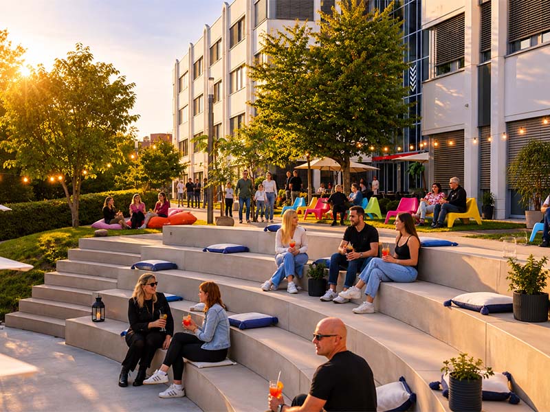 Menschen entspannen sich bei Sonnenuntergang im Außenbereich des Globana Eventcampus mit Stufen und bunten Sitzgelegenheiten.