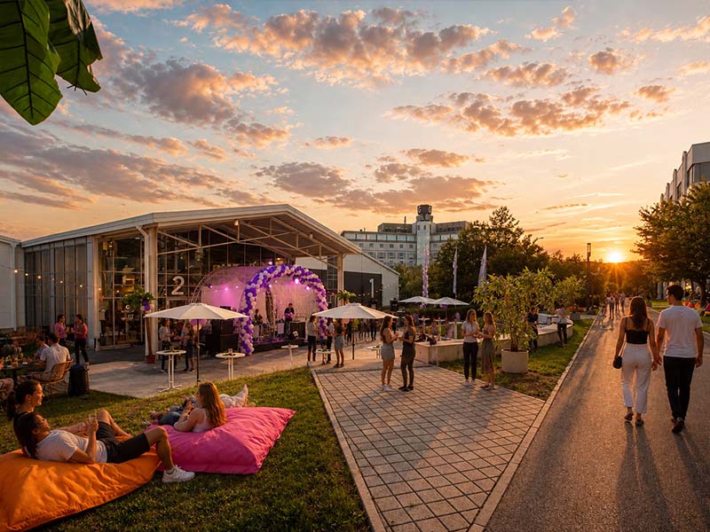 Menschen genießen eine Open-Air-Veranstaltung mit Bühne und Sitzplätzen bei Sonnenuntergang.