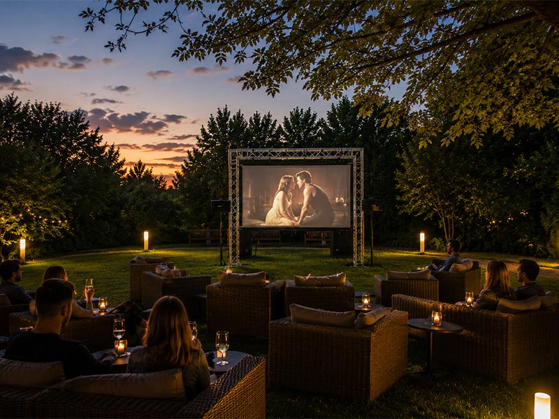 Menschen schauen bei Sonnenuntergang einen Film auf einer Leinwand bei einem gemütlichen Open-Air-Kino.