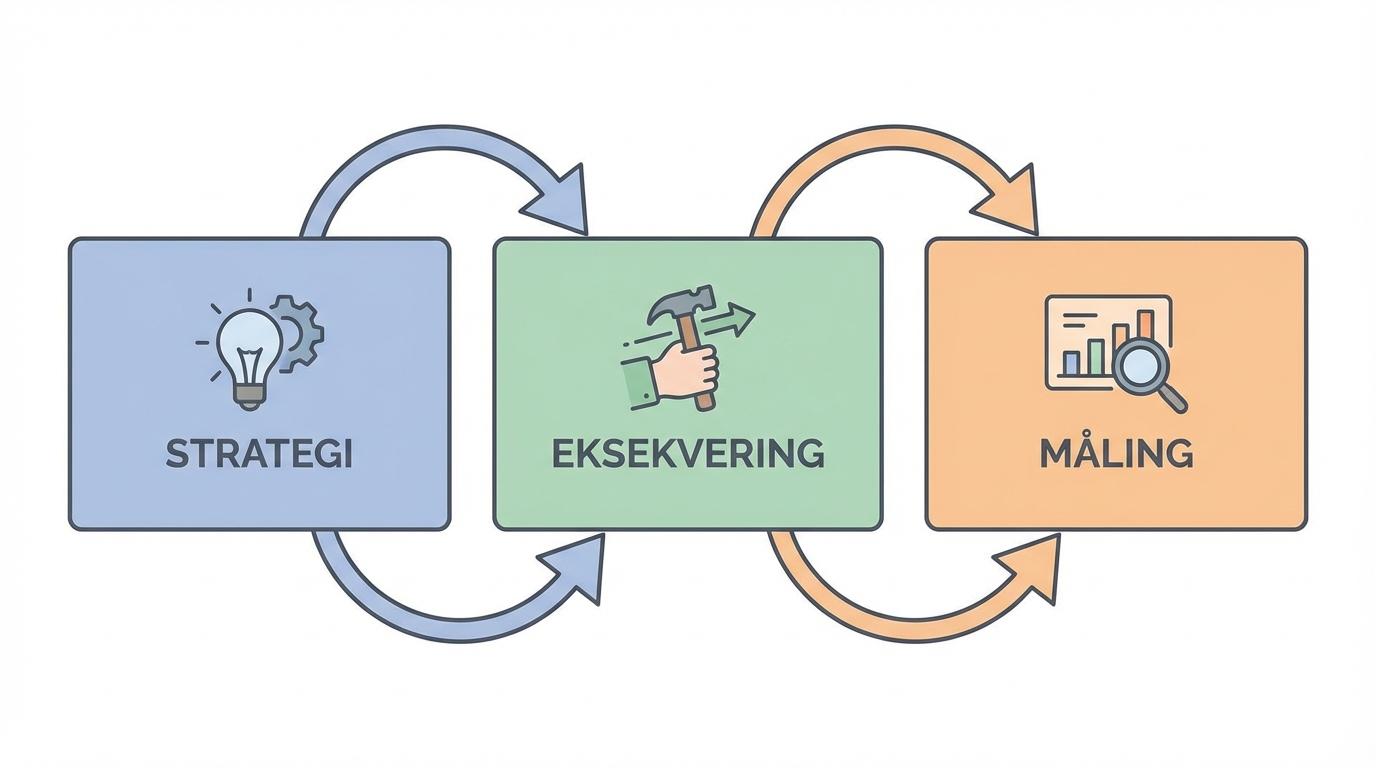 Illustration af strategi, eksekvering og måling i SEO