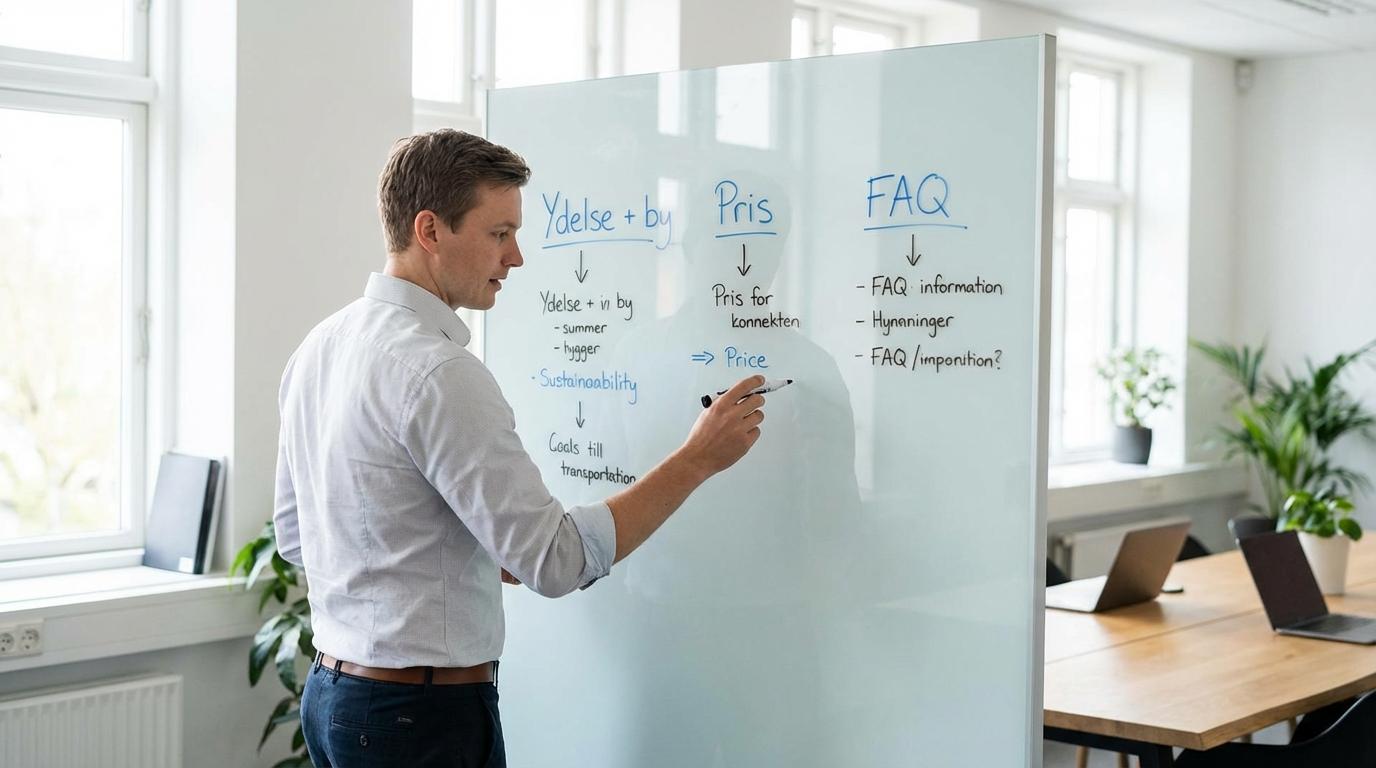 Indholdsplan med overskrifter på whiteboard