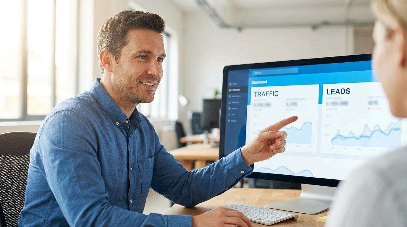Dashboard med trafik og leads på skærm