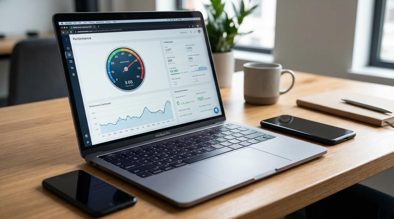 Laptop med hastighedsmåling og mobil ved siden af