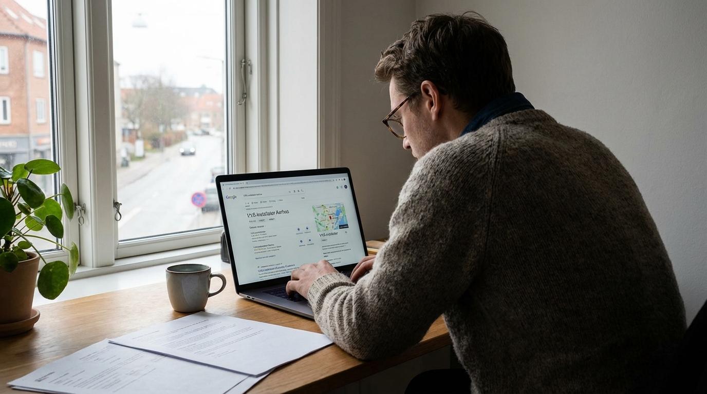 Person søger efter lokal service i Aarhus på en bærbar computer