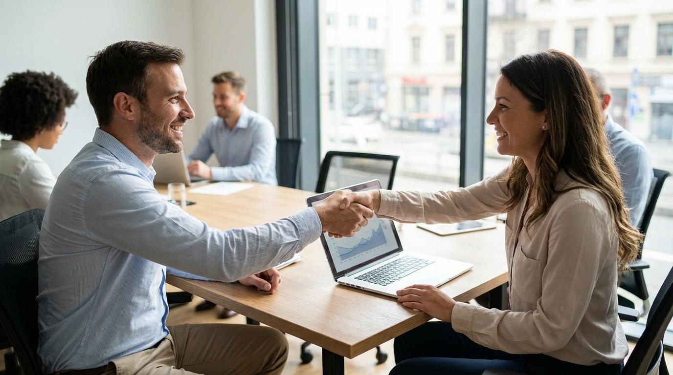 To personer giver hånd ved et mødebord med laptop