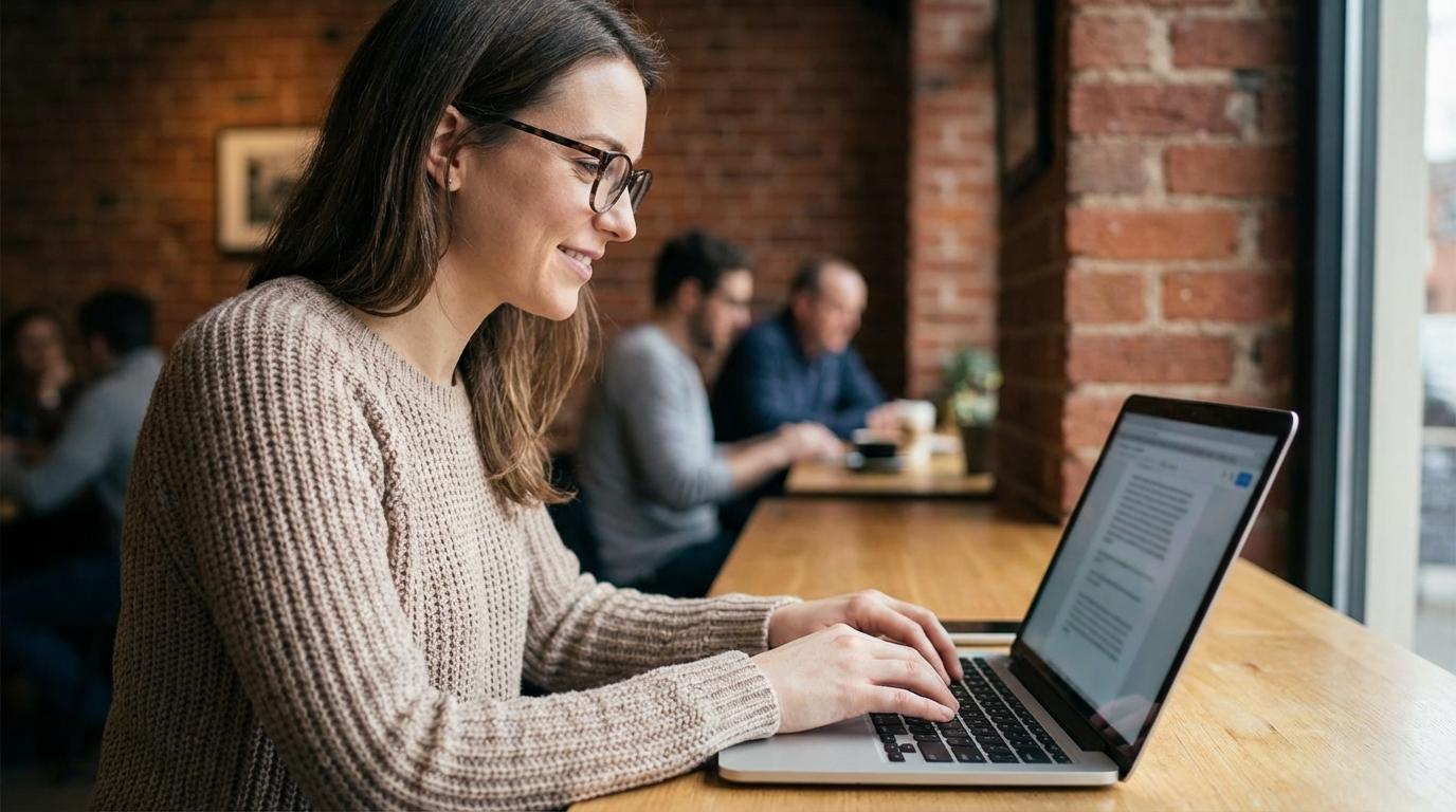 Person svarer på kundeanmeldelse på laptop