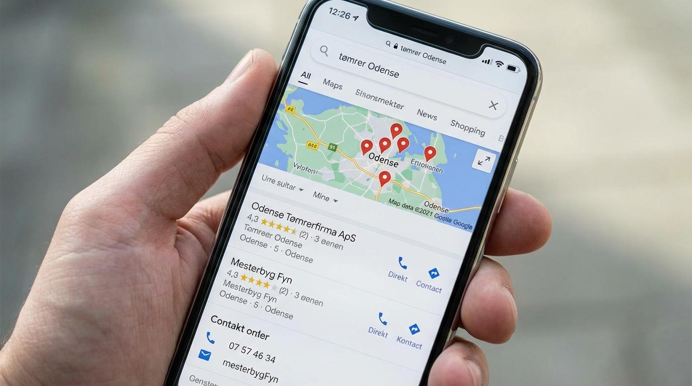 Smartphone med Google-søgning på “tømrer Odense”