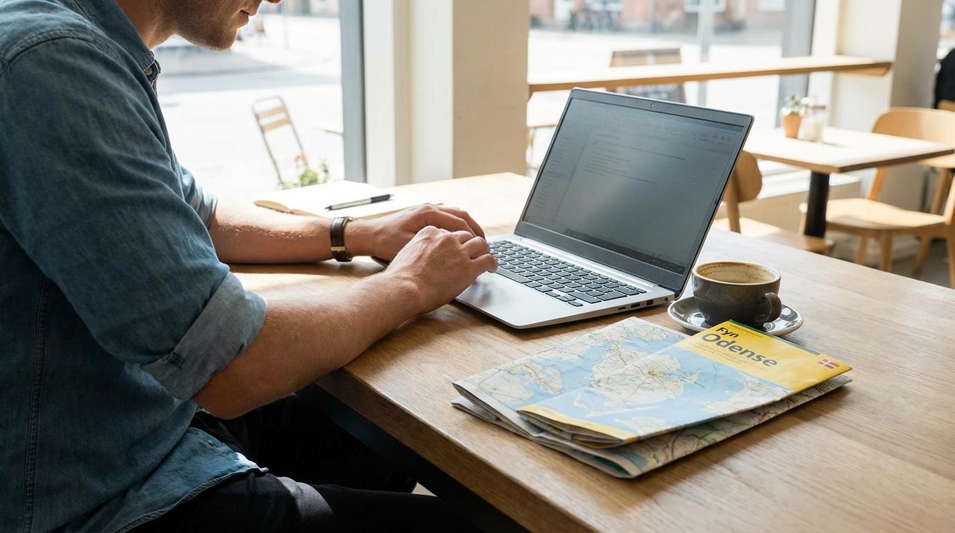 Laptop og kort over Fyn på skrivebord