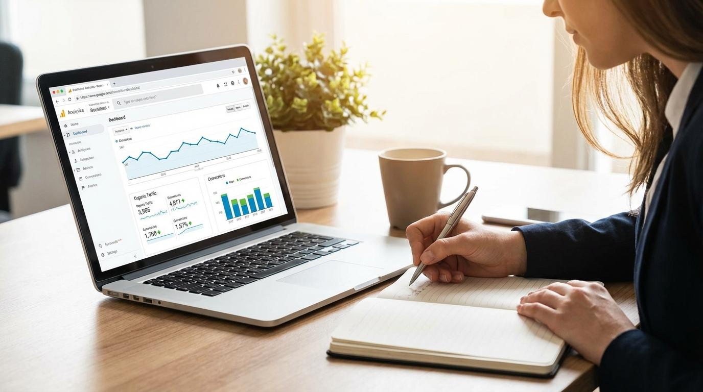 Laptop med analytics-dashboard og noter om KPI’er