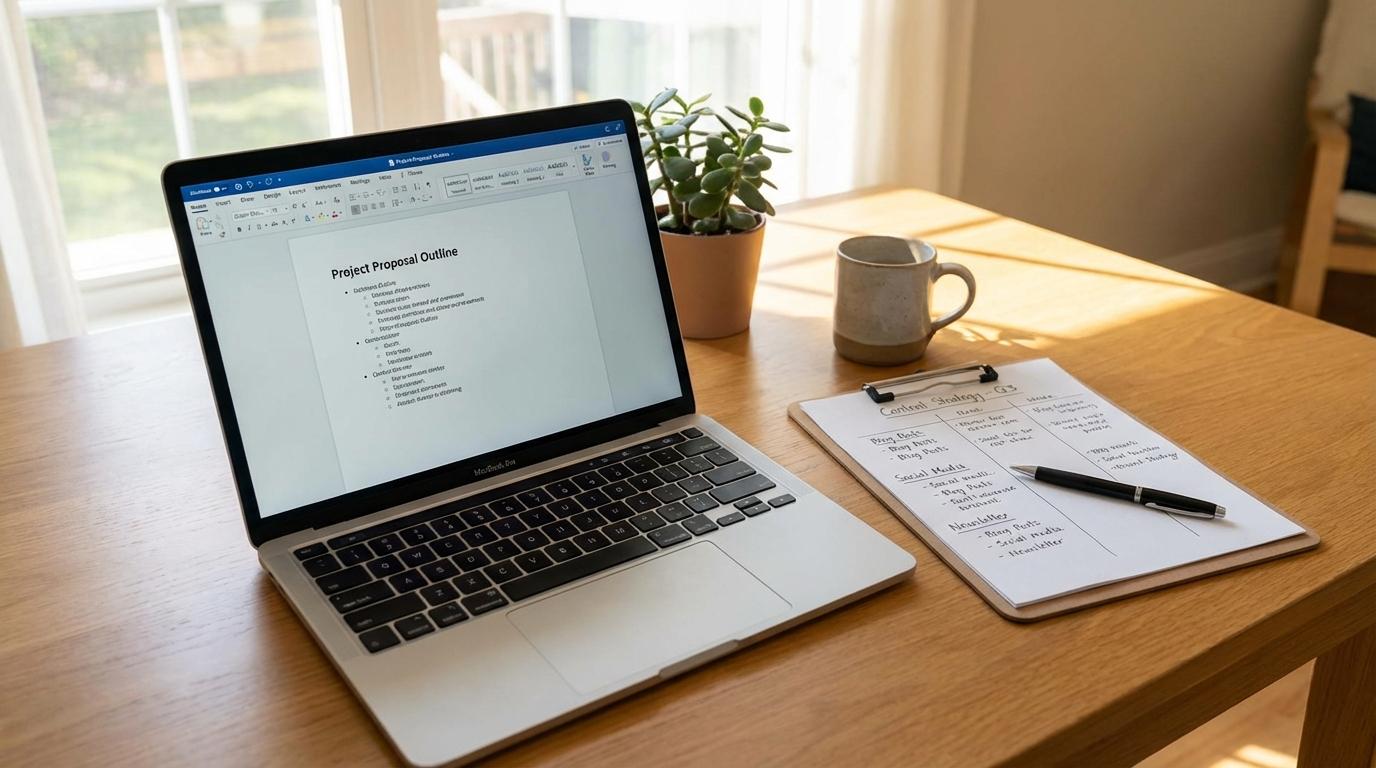 Indholdsplan og tekstoutline på skrivebord