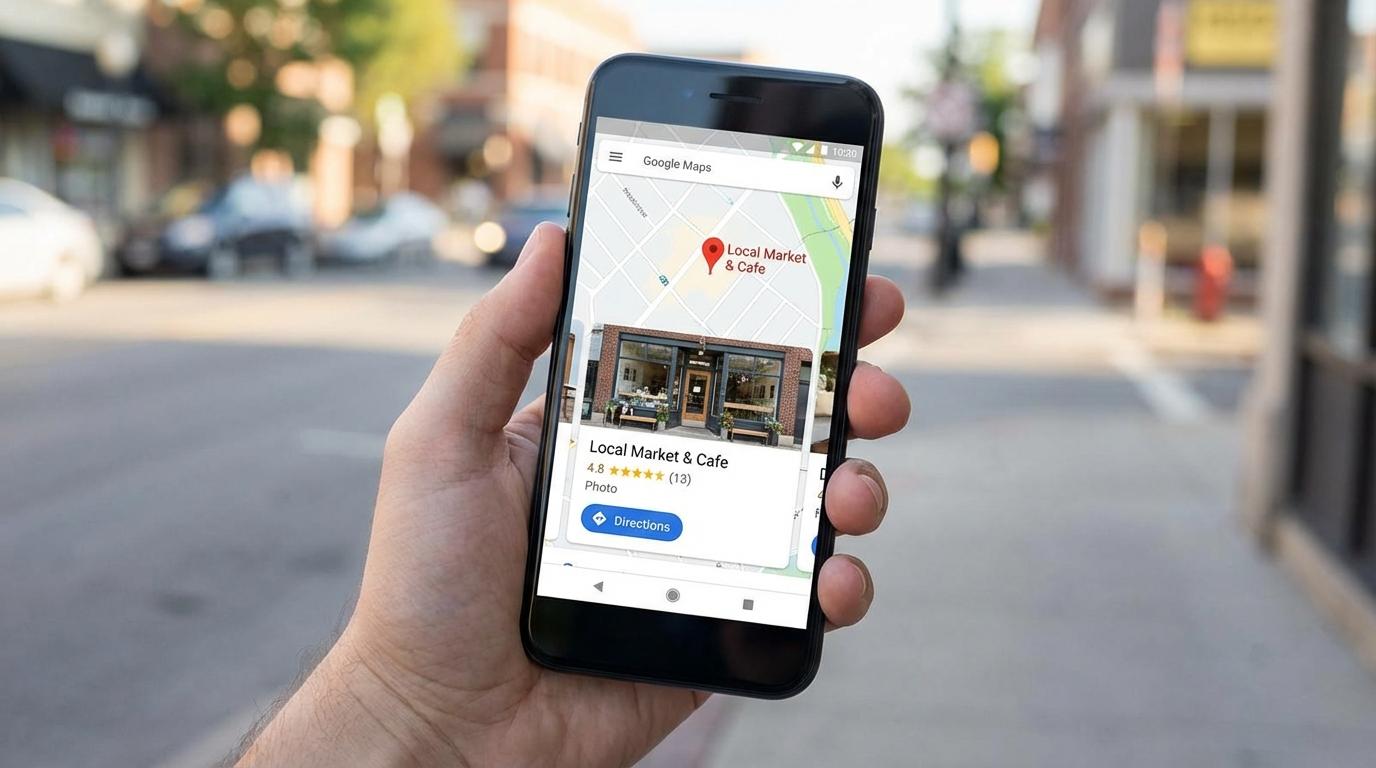 Smartphone med Google Maps og lokale søgeresultater