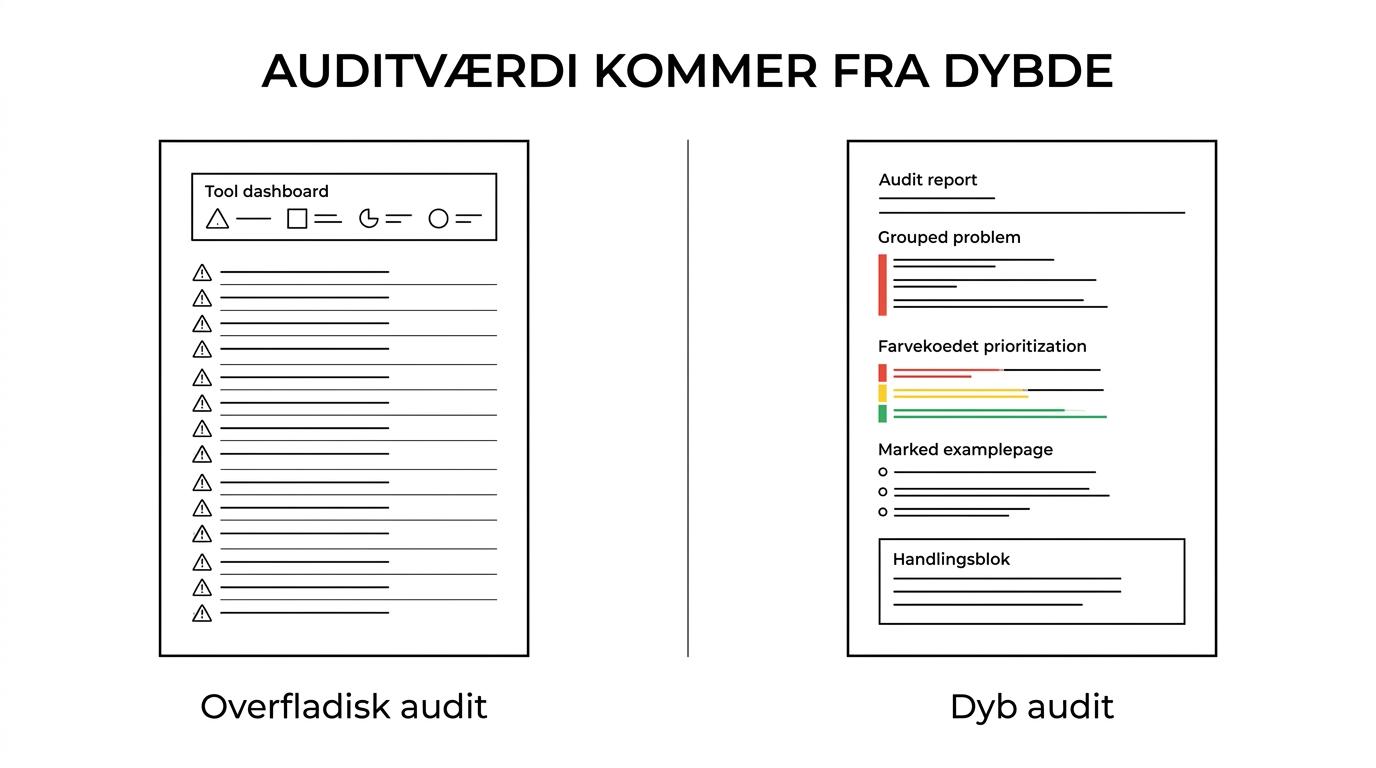 Side om side-visning af en hurtig standard SEO-scanning og en dyb teknisk SEO-audit med konkrete fejl, prioritering og handlingsplan.