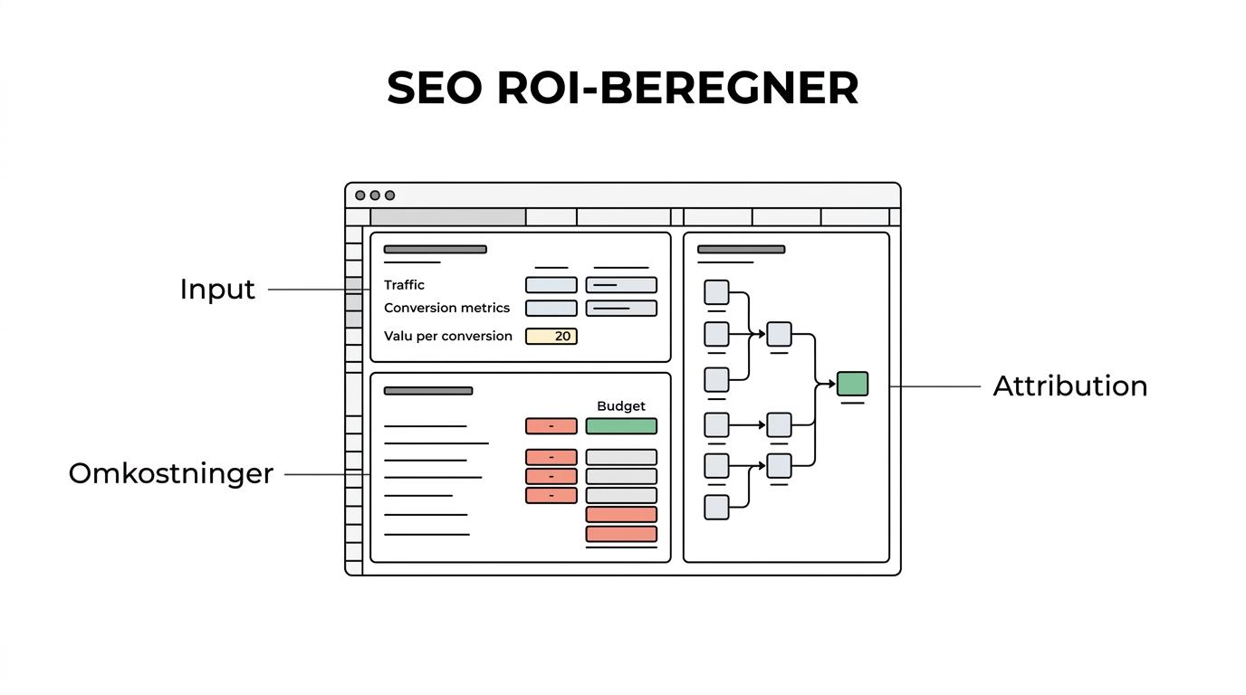 Diagram af en SEO ROI-model med trafik, konvertering, kundeværdi, omkostninger og direkte versus assisteret værdi, som samlet fører til ROI.