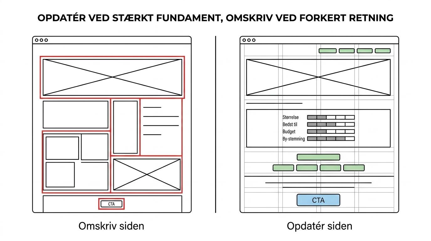 Side-om-side sammenligning af hvornår en SEO-side bør opdateres, og hvornår den bør omskrives fra bunden.